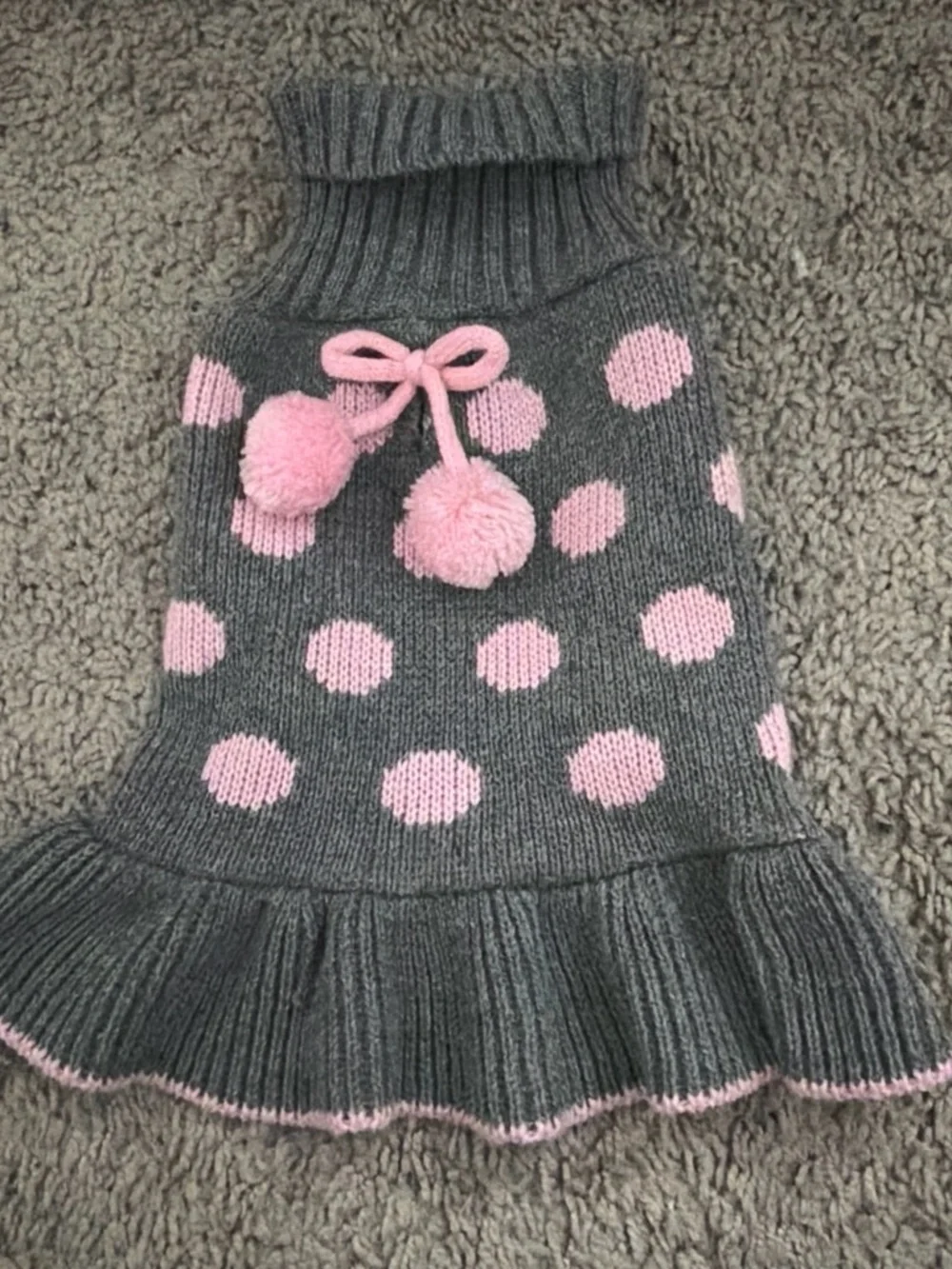 Gray Knit Dog Sweater with Pink Polka Dots and Pom Poms
